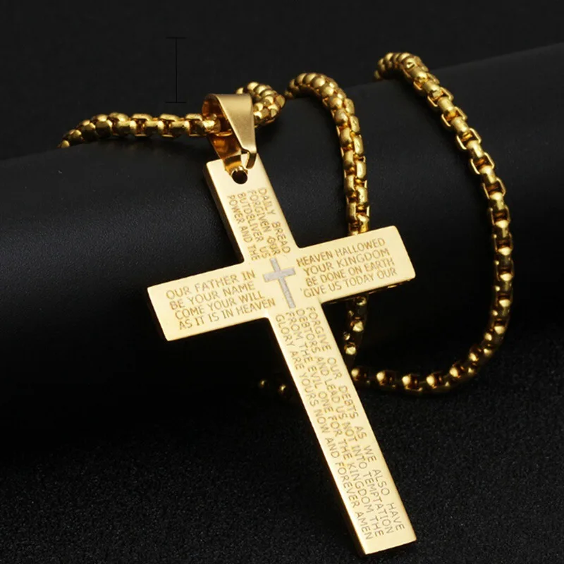 Stainless Steel Necklace For Men Prayer Choker Cross Pendant Black/Silver Chain Prayer Religious Medals Christian Jesus Jewelry