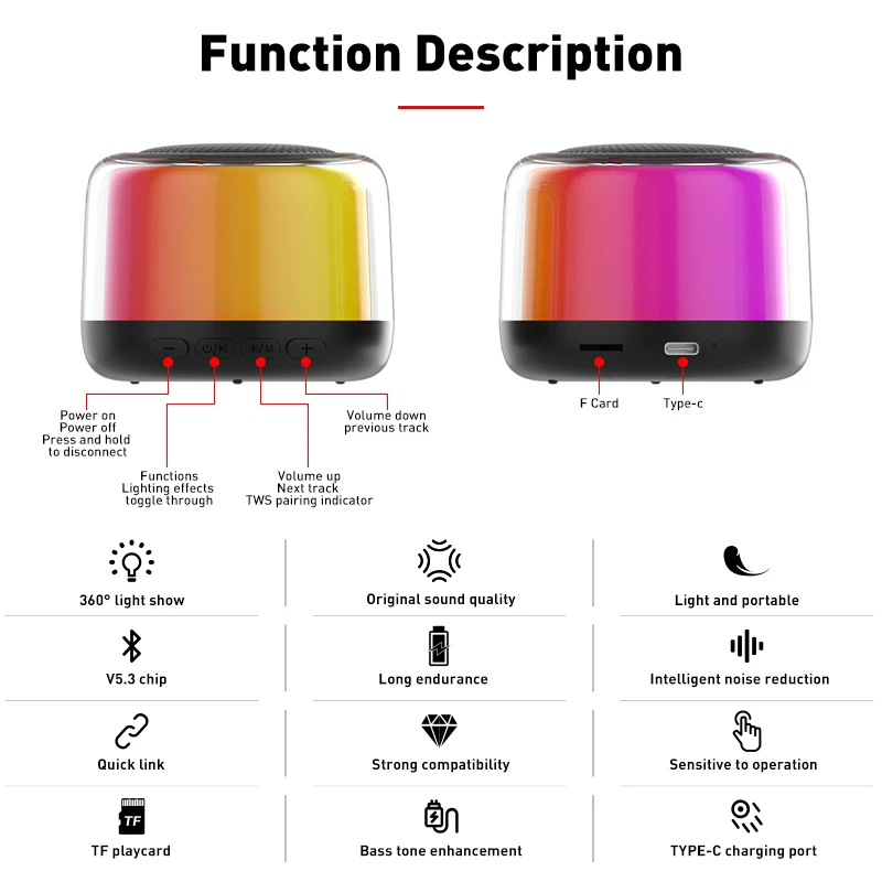 Travel Outdoors Wireless Mini Built-in-Mic Handsfree Bass Sound Portable Bluetooth TWS Speaker