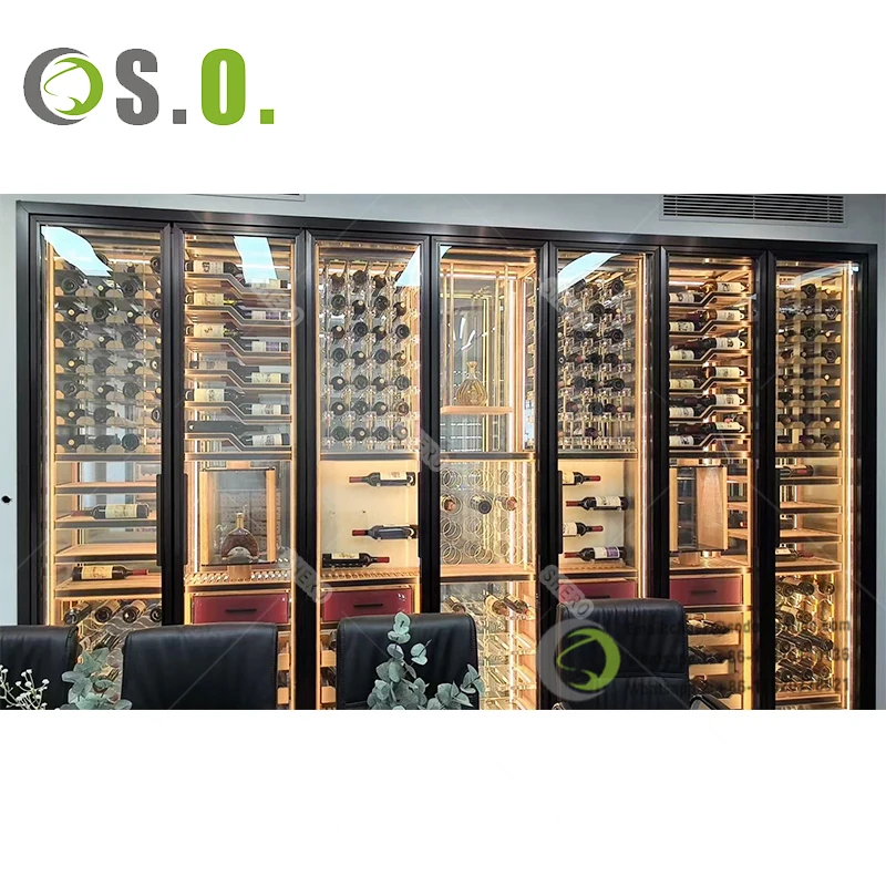 Luxury Whiskey Display Cabinet Liquor Wine Rack Commercial Aluminum Frame Glass Doors Wine Luxury Cabinet With Light