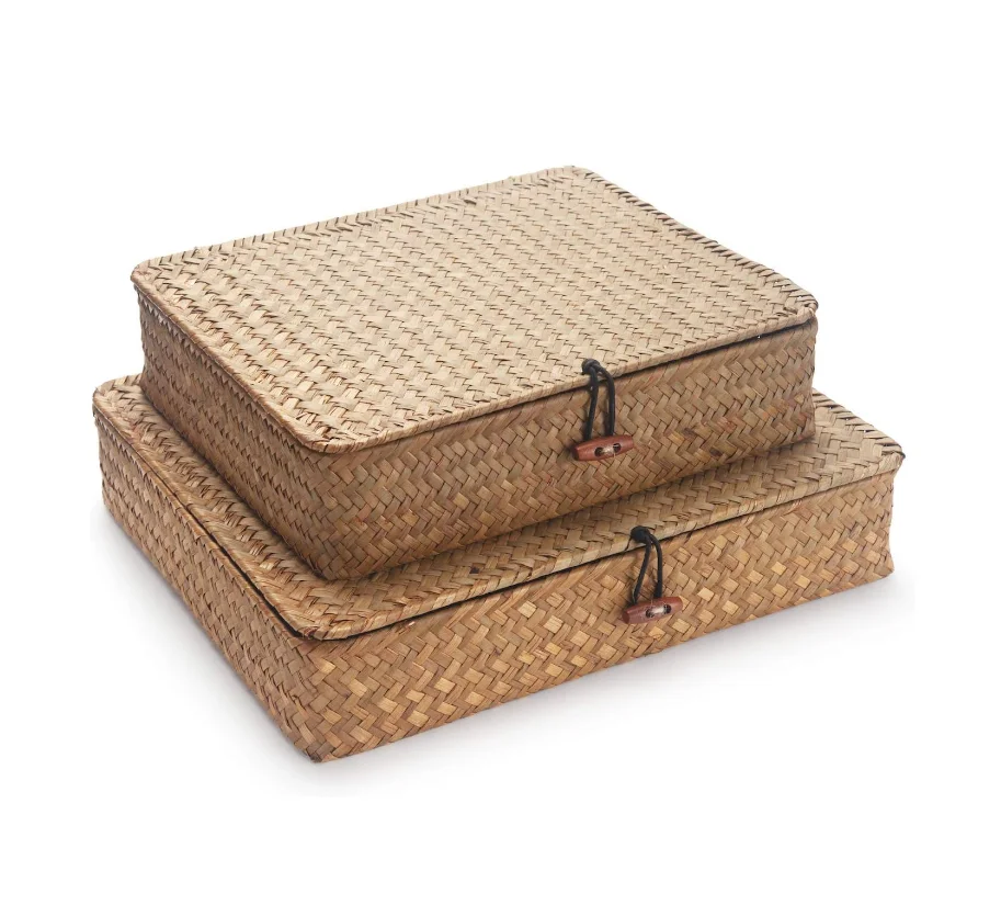 Seagrass Storage Basket Box with Lid Rectangular Woven Shelf Baskets Bins for Organize Snack Toys Set of 2 Natural Decorative