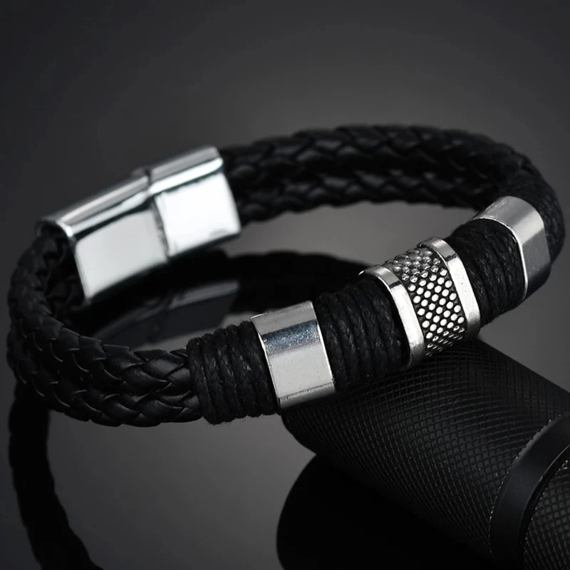 
New Punk Black Brown Braid Leather Bracelets Men Cool Stainless Steel Bracelets 