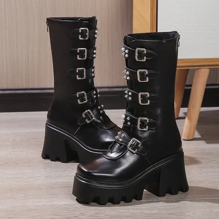 BUSY GIRL X4526 Black Platform Goth Boots for Women Studded Mid Calf Punk Boots Round Toe Chunky Heel Zipper Ankle Booties