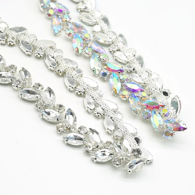 Wonderful design Rhinestone Flower Chain Trim Sew On Horse Eye Crystal Glass Ribbon Applique Trim Sew on Clothes Bag Accessories