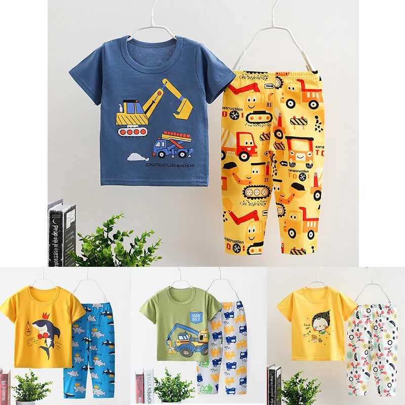 Best price with good quality wholesale baby clothes 100% cotton 2pcs short sleeve long pants baby clothes summer underwear set