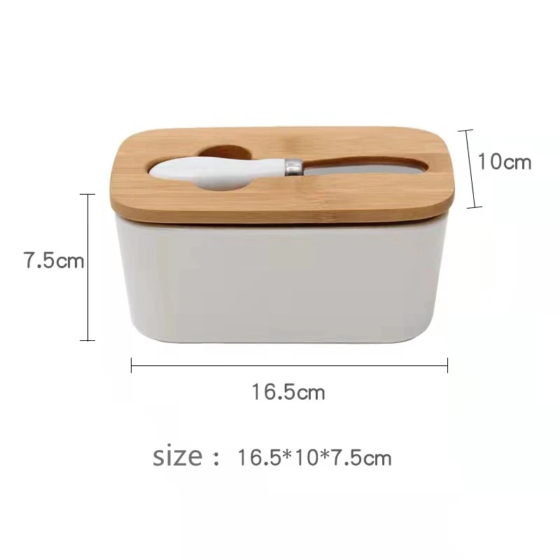 96-9  Holder Large Butter Dish Butter  Porcelain Container Keeper Storage Wooden Lid And Steel Knife Cheese Dish