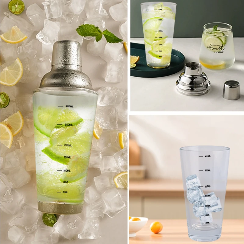 Chunda Customized New Product 3pcs Cocktail Glass Stainless Steel Cocktail Shaker Bar Set with Capacity Mark