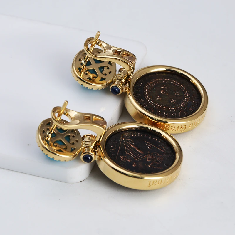 Wholesale Designer Inspired Luxury Women 18K Gold-Plated Gemstone Moissanite Zircon S925 Silver Turquoise Antique Coin Earrings