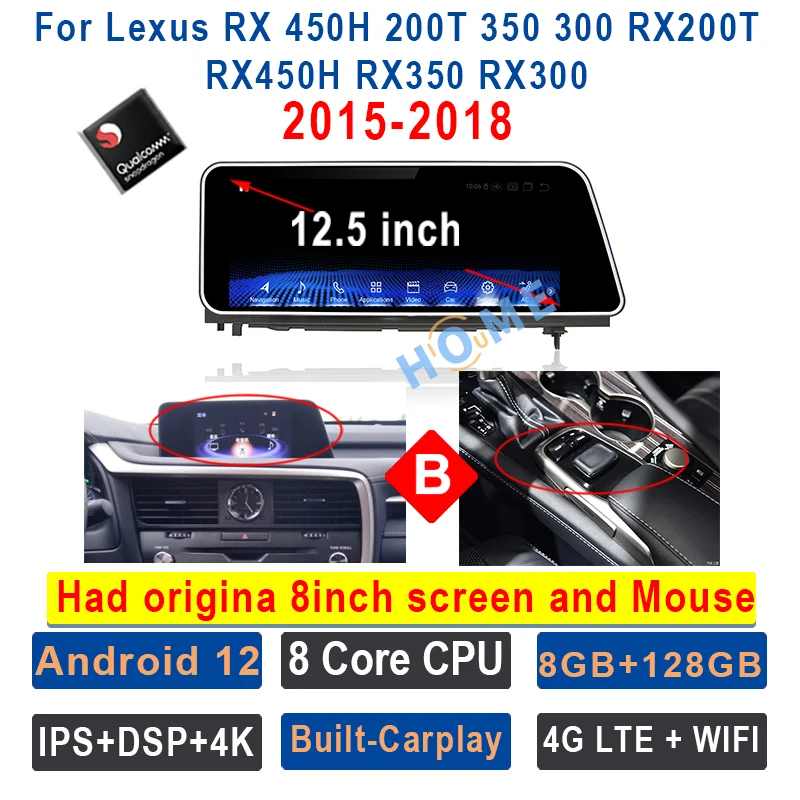 Android 12 Qualcomm Snapdragon 12.5 Inch Car Radio Multimedia Video Player CarPlay Autoradio For Lexus RX RX200T RX270 RX300