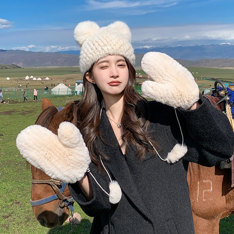 YR042 Cute Style Lots of Colors Thick Hand Knit Warm Top Quality Real Rex Rabbit Gloves