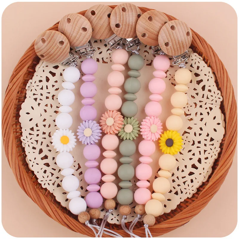 New Natural Food Grade Silicone Beads Cute Small Daisy bead Pacifier Clips Pacifier Holder Chain
