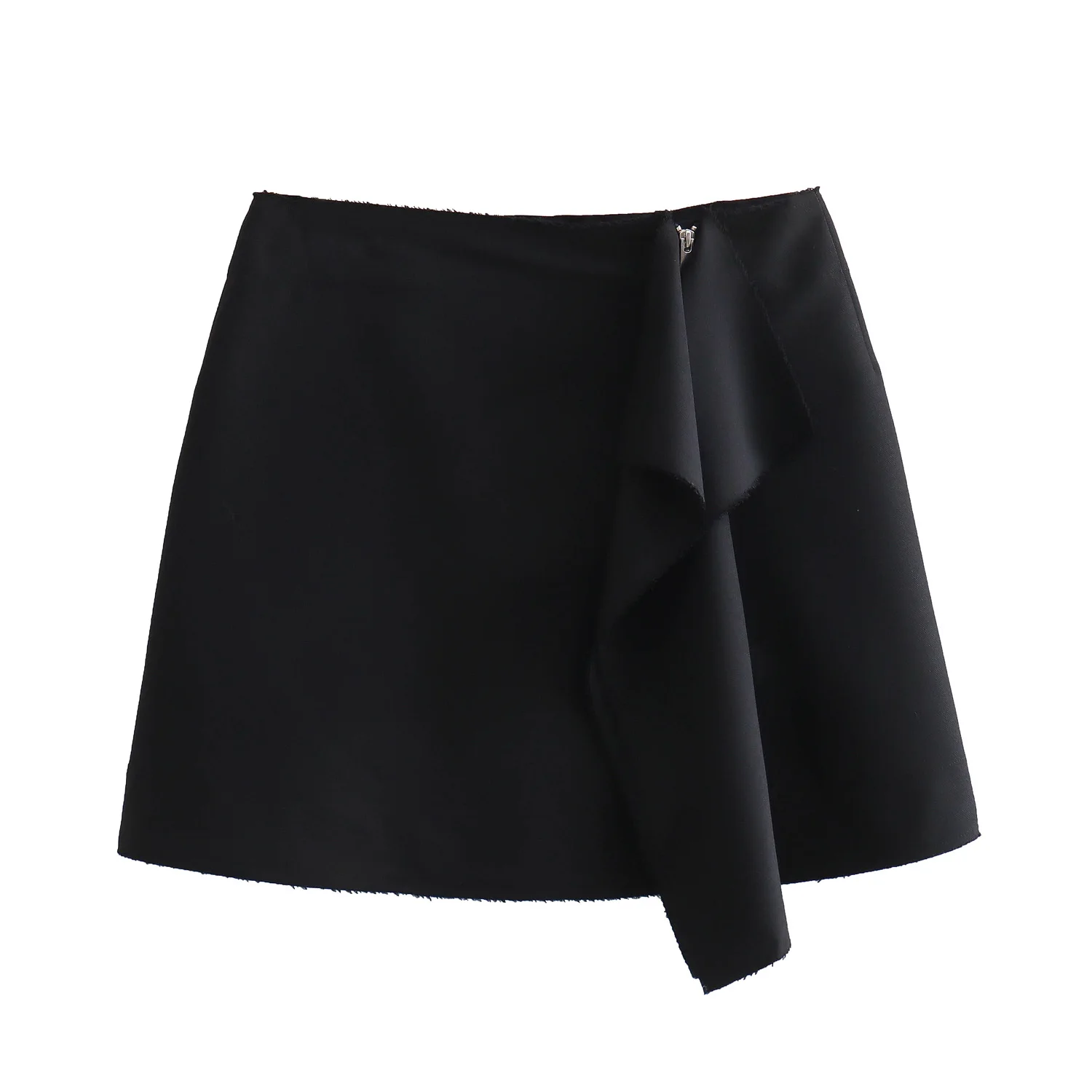 Front zipper fly black color front ruffle casual fashion mini skirt for women