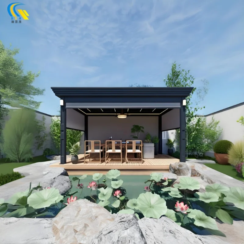 Waterproof Outdoor Terrace Aluminum Pavilion with Adjustable Louvers Powder Coated Alloy Frame Remote Controlled Garden Pavilion