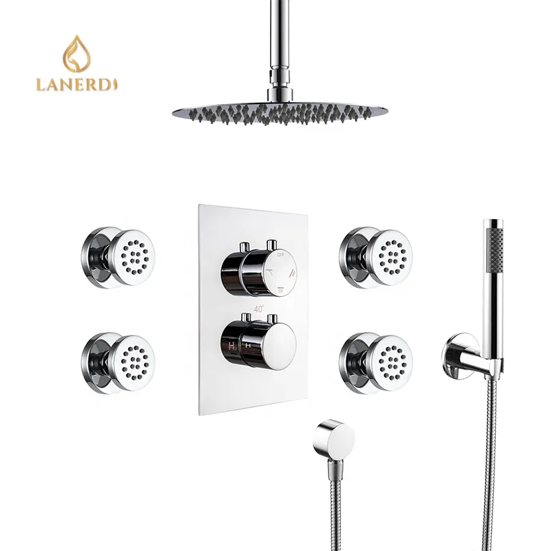 Lanerdi Faucet Manufacturer Chrome Ceiling Mount Thermostatic Shower System with Rainfall Showerhead and Hand Shower Body Jets