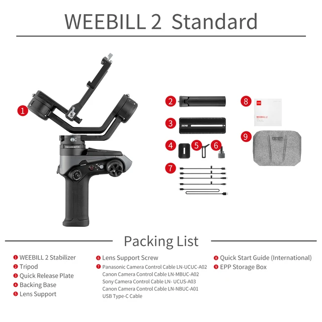 ZHIYUN Weebill 2 Gimbal Stabilizer for Camera DSLR Cameras 3-Axis Handheld Stabilizer with Screen for Canon/Sony VS DJI