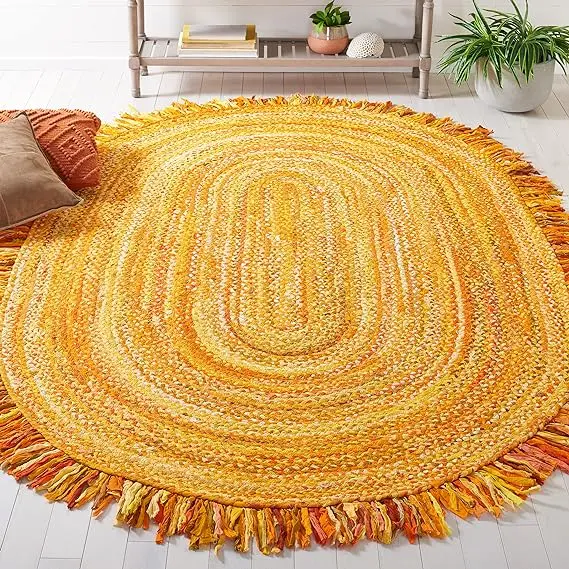 Handmade 100% Jute Designer Embroidered Rug Yellow Oval Shape with Fringes for Living Room Bedroom Prayer Car Decor