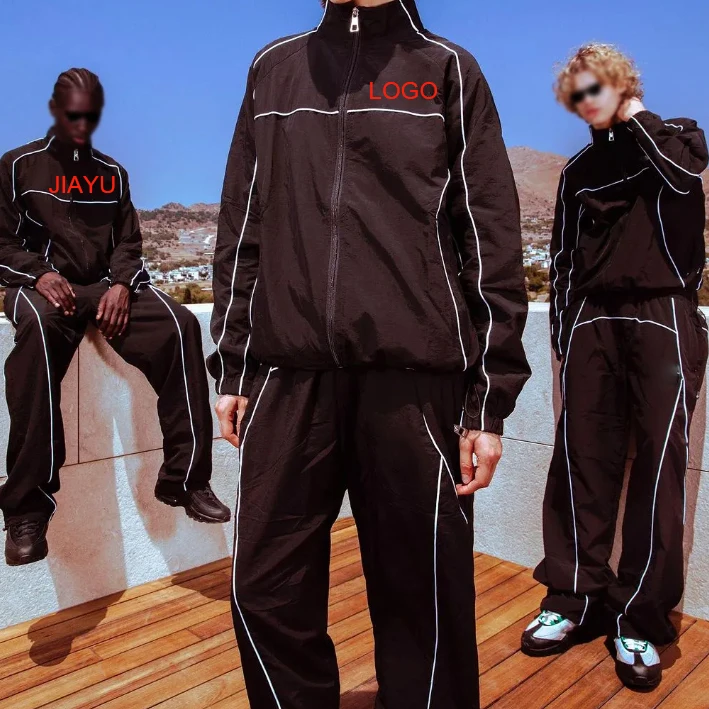 Men Polyester Jogger Sets Two Piece Set Patchwork Zip Up Puff Print Nylon Jacket And Track Pants Custom Nylon Tracksuits For Men