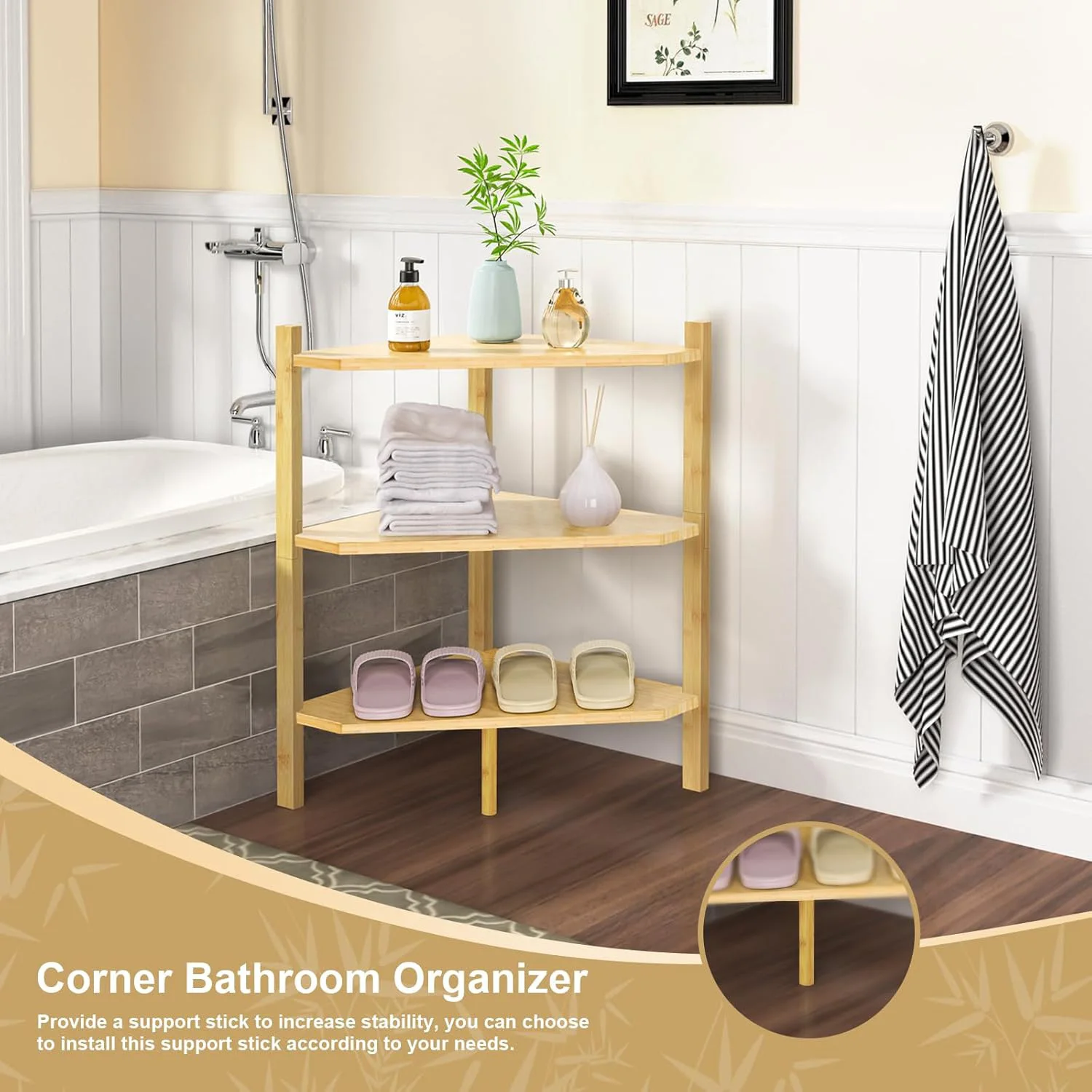 Bamboo Shower Corner Shelves Free Standing Shelf Storage Organizer for Bathroom Living Room 3 Tier Wood Corner Shelf