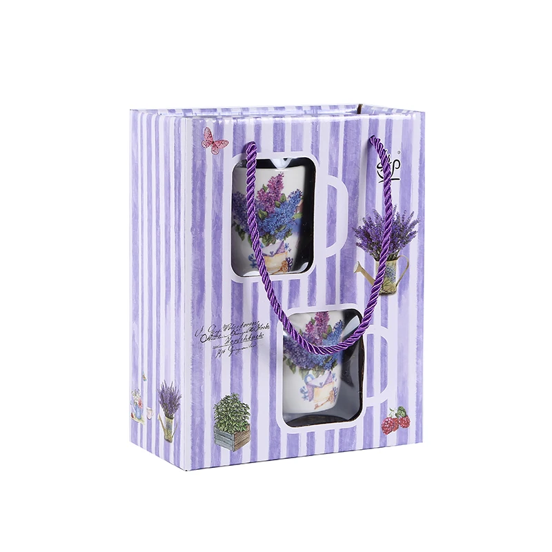 Lavender Floral Purple love Ceramic Coffee Cup with spoon accept custom logo Tea Mug with handbag