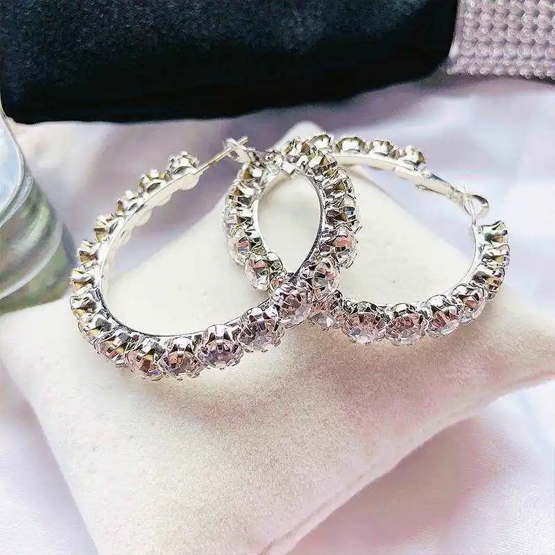 5.5cm 925 Sterling Silver Jewelry Big Circle Shiny Crystal Hoop Earrings Fashion Rhinestone