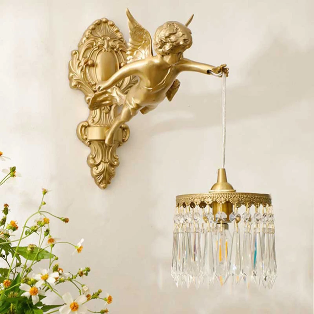 Retro french brass wall lamp hotel bedroom aisle staircase wall angel crystal decorative light background wall copper light