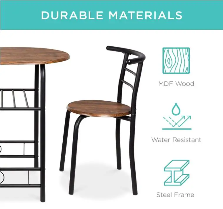 
3-Piece Wooden Round Table & Chair Set for Kitchen, Dining Room, Compact Space w/Steel Frame, Built-in Wine Rack - Black/Brown 