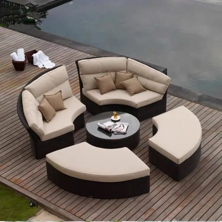 Hot Sale Rattan Sunbed Round Lounger Waterproof Beach Chair Garden Sets Furniture