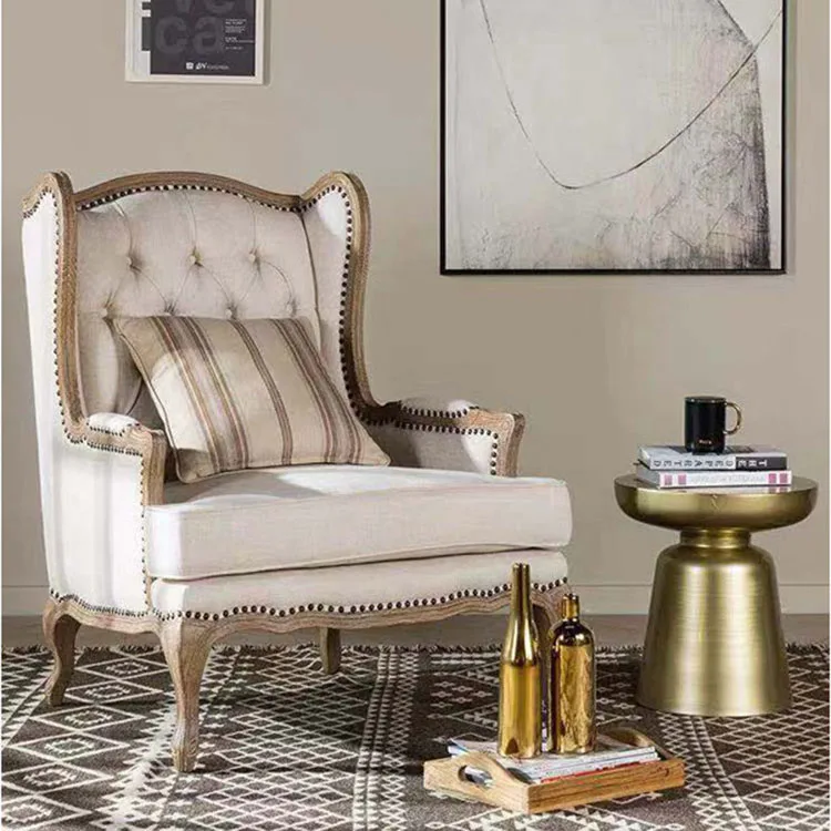 Antique Single Sofa Wooden Frame Linen Fabric Aerican Style Accent Leisure Chair