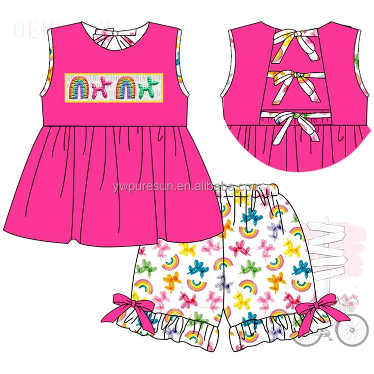 Puresun balloon smock French Knot high waist skirt big pocket hollow back bow design sleeveless kids clothing baby girls dresses