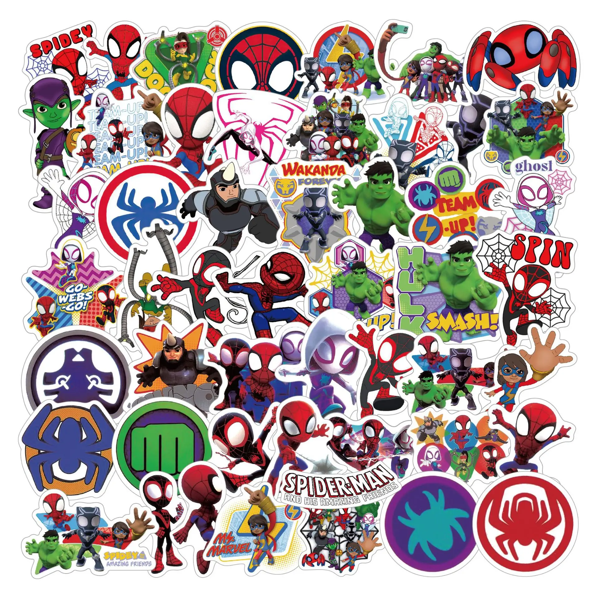 High Quality 50Pcs Adhesive Stickers Anime Cool Cartoon Marvel Spider Man Sticker Kids Gifts Cup Phone Cover Stickers Wholesale