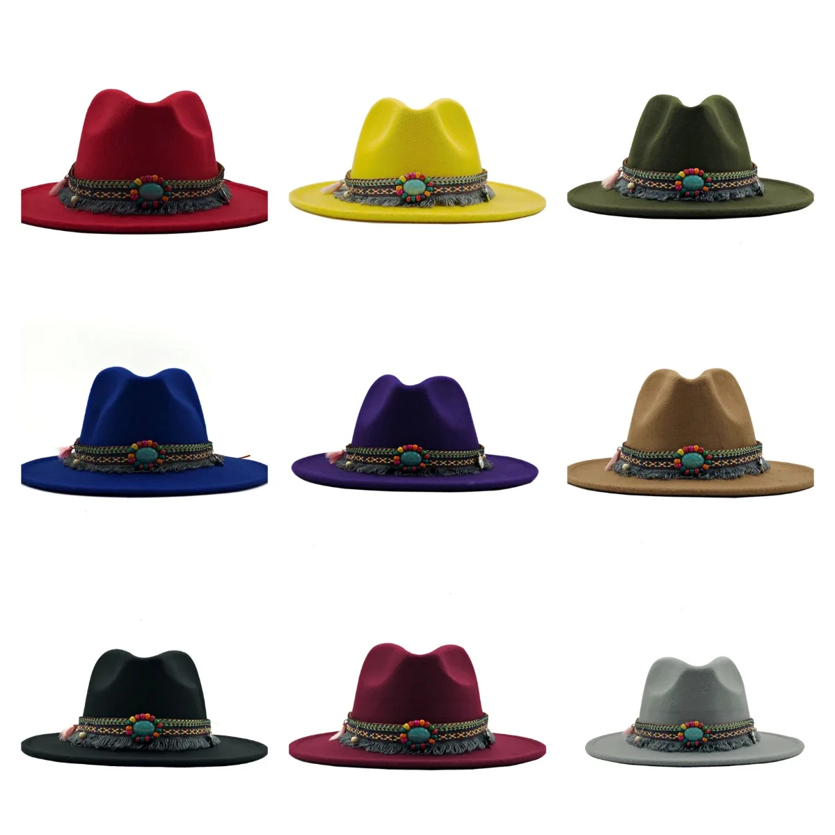 Fedora Hats Women Wholesale 2021 Wide Brim Solid Color Matching Party Trilby Cowboy Cap Wedding Wool Felt Jazz Fedora Hat