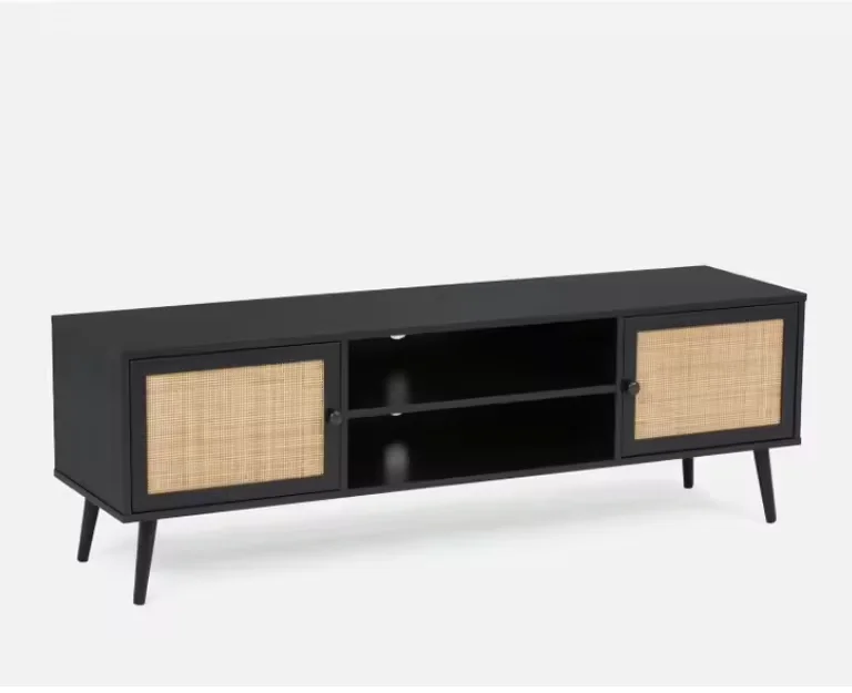 Modern Black Wooden TV Stand Rattan TV Cabinet Living Room Furniture
