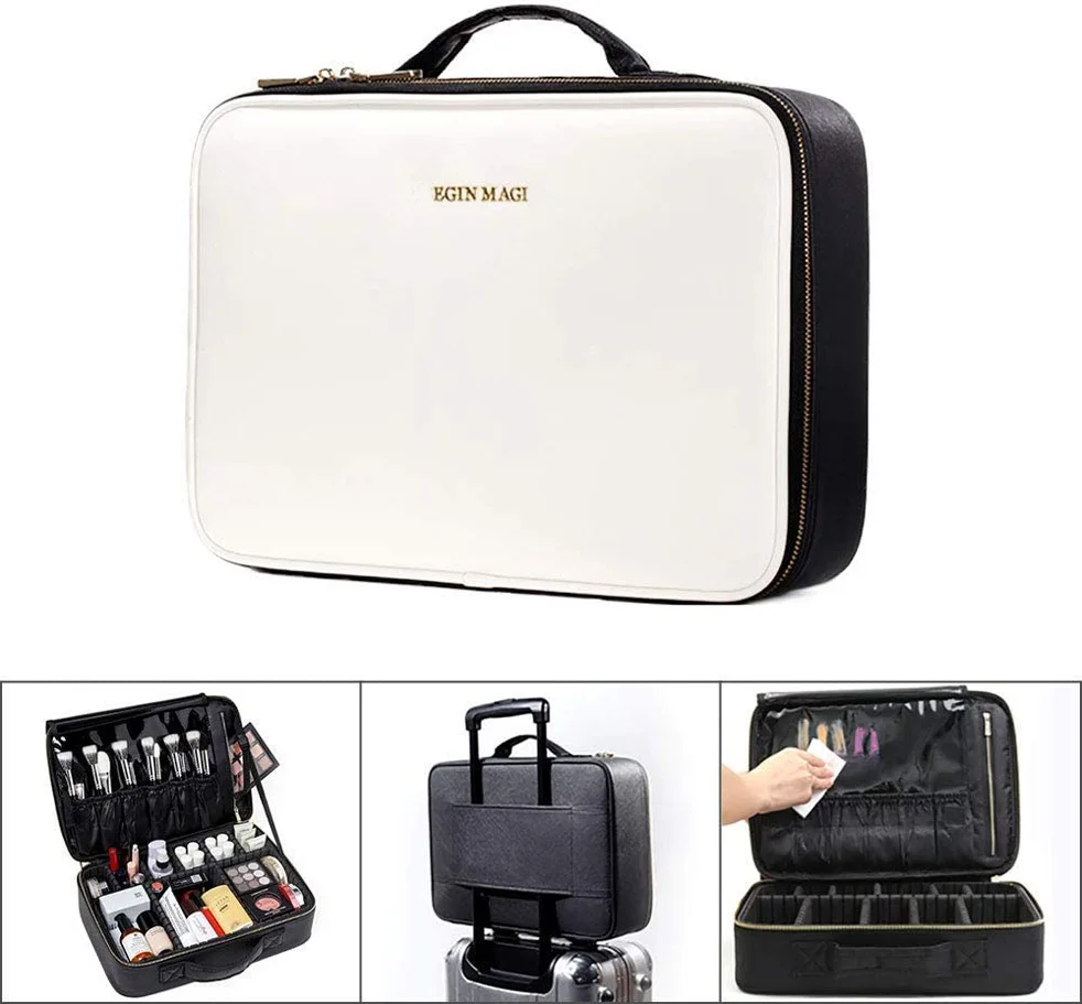 Portable Makeup Train Case / Travel Makeup Bag / Medium Cosmetic Organizer Case with PU Leather (black / white)
