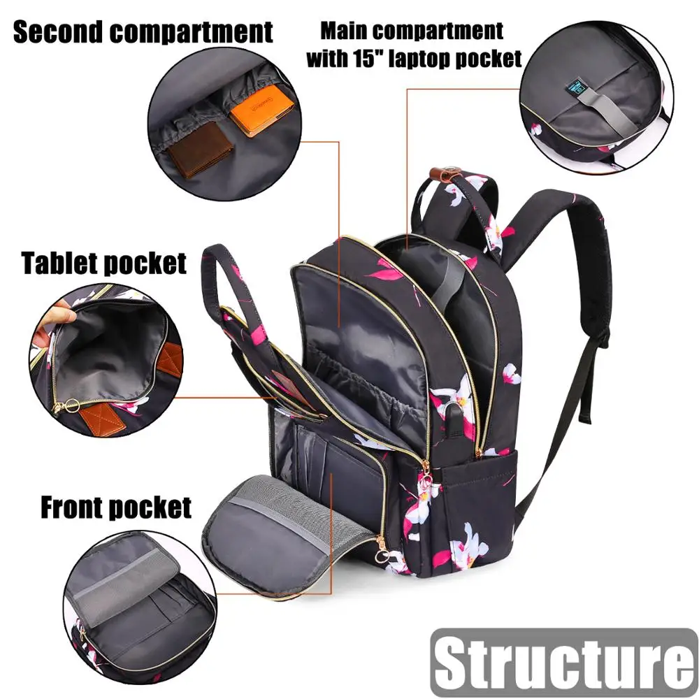 Lokass 15.6 inch Floral School Bookbag Laptop Bag Laptop Backpack with USB Charging Port and Luggage Strap