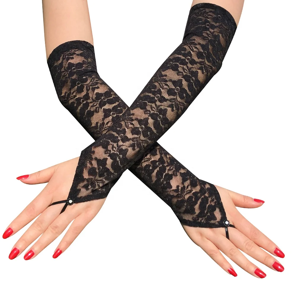 European American Wedding Dress Bridal Gloves with Bright Diamond Lace Hook Finger Long Sexy Gloves in Fashion