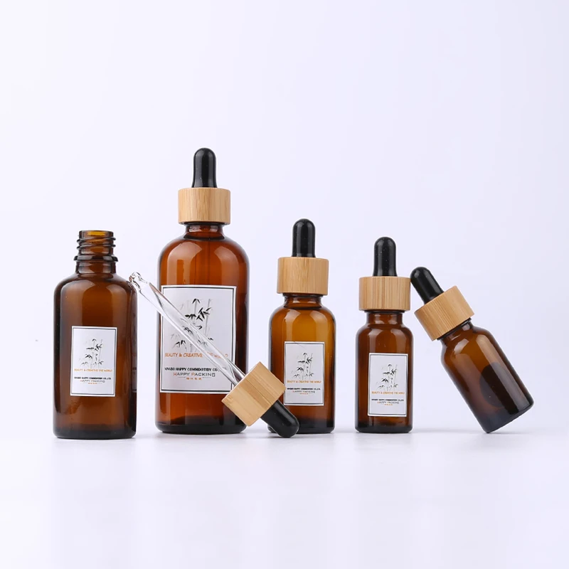 New Design Cosmetic Moisturizing Essence Container High Quality Amber Essential Oil 50ml Dropper Bottles with Bamboo Cap