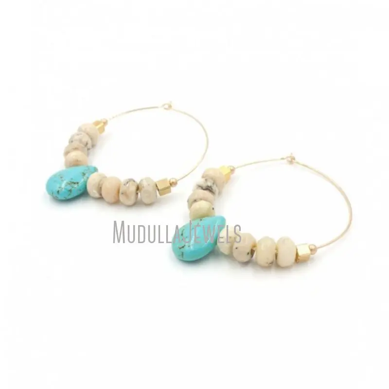 ER41304 African Opal Turquoise Howlite Natural Gemstone Beaded Hoop Earrings Gold Plated Boho Bohemian Bridesmaid Gift