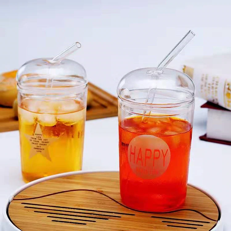 Clear Glass Cup With Drinking Straw Heat Resistant High Borosilicate