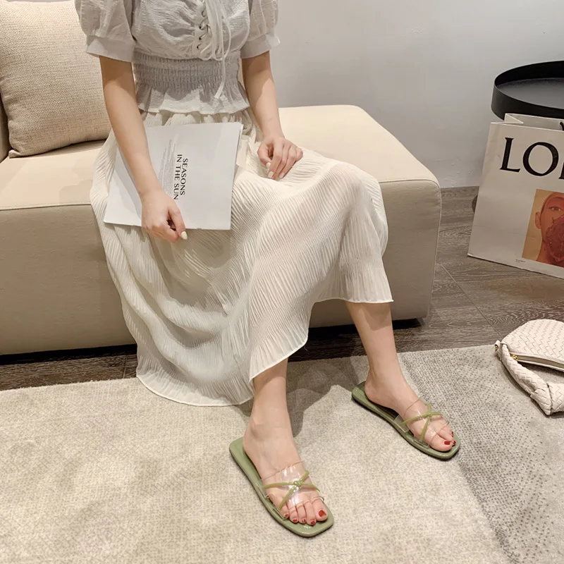 Ladies Fancy Slippers Transparent ABS Jelly Shoes Flat Slides Slippers for Female