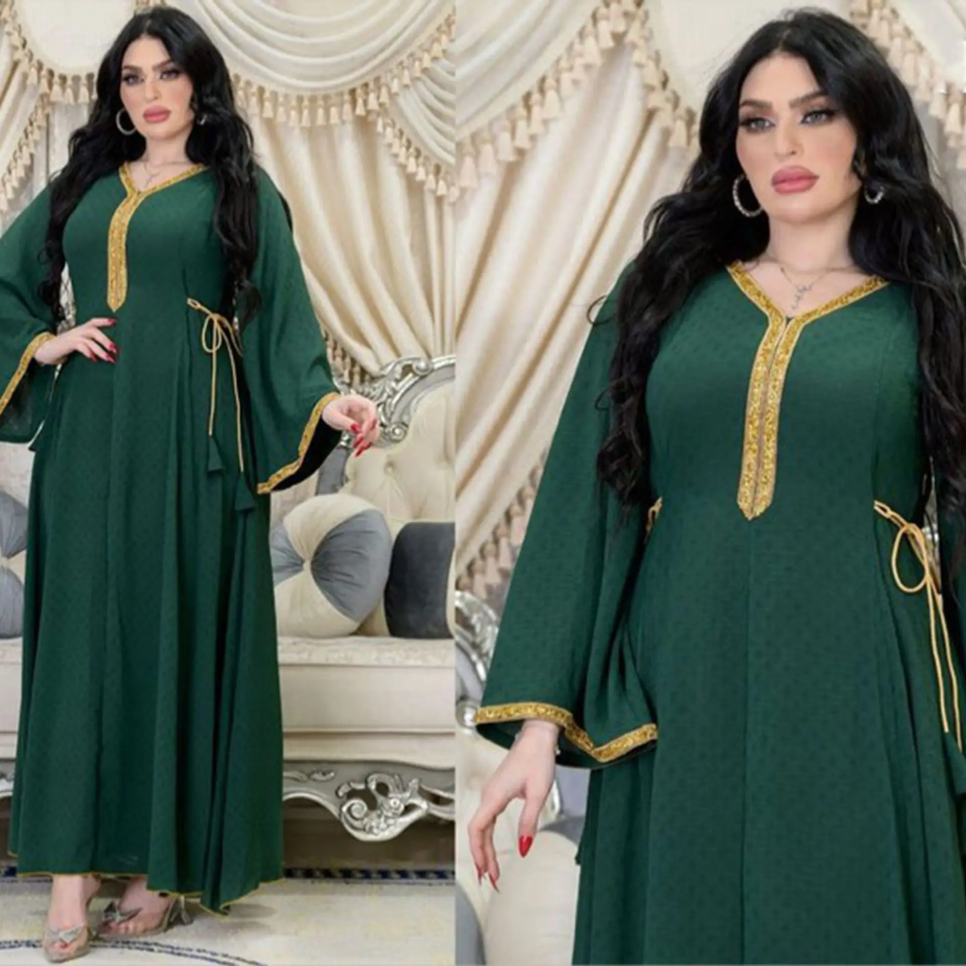 Luxury Dubai Robe Abaya Embellished Dress for Women Fashionable Moroccan Style Long Sleeve Made of Polyester Silk Plus Size