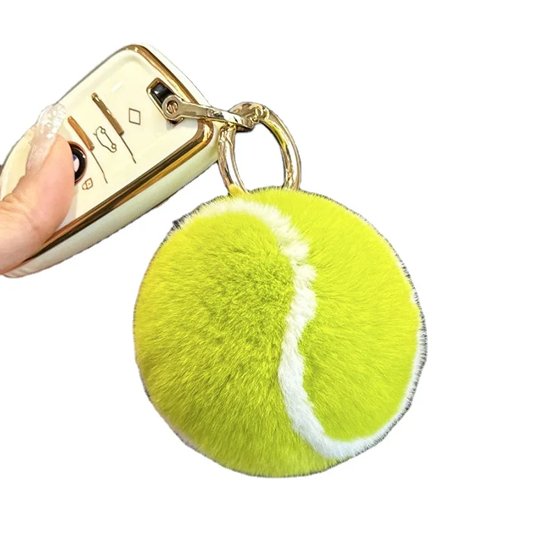 Genuine Rex Rabbit Fur Tennis Ball Car Keychain Pendant Ins Plush Ball School Bag Pendant