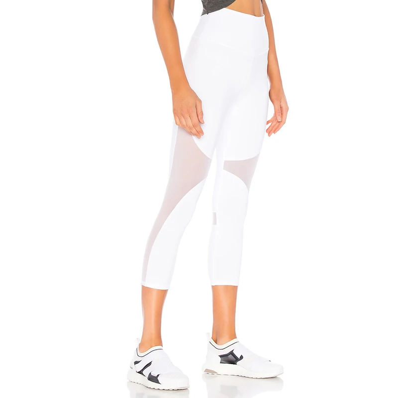 wholesale factory directly sale custom logo yoga gym wear legging Lady solid nylon blend high waist coast Capri pants mesh panel