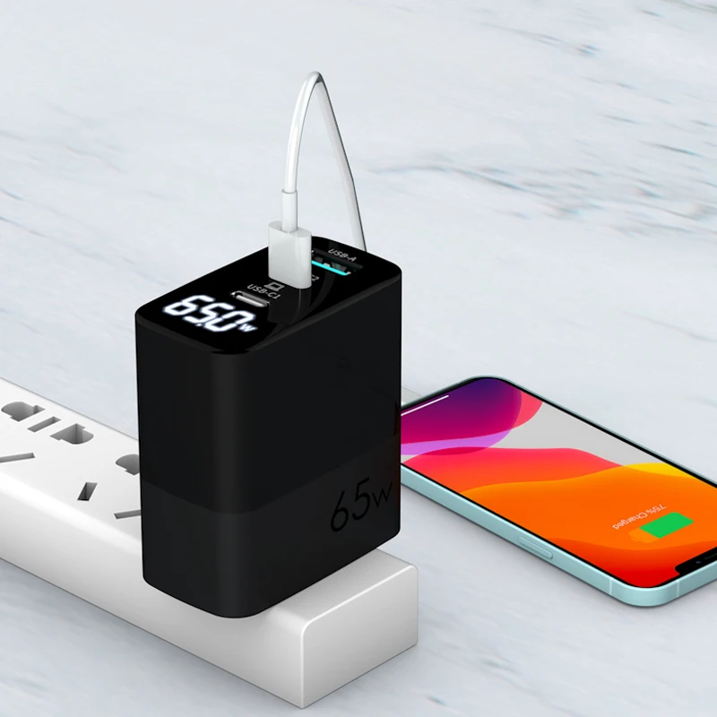 US Folding Plug 3 Ports USB Type C Quick Fast Charging LED Intelligent Digital Display PC Fireproof PD Charger 65W GaN Adapter