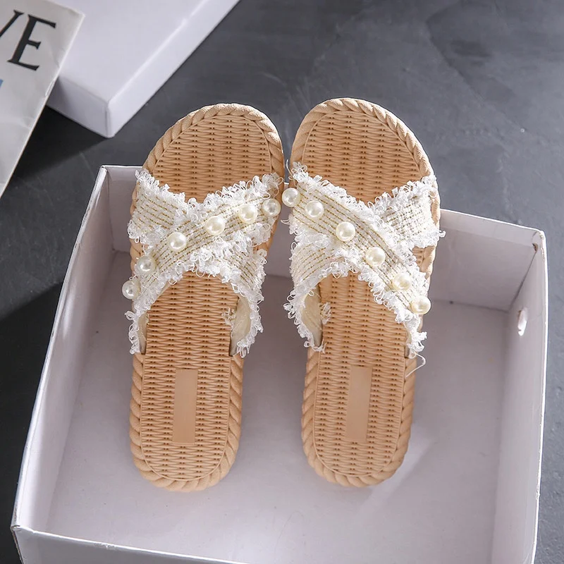 summer woman ladies girls fashion pearl cross strap flat slipper beach slide sandals