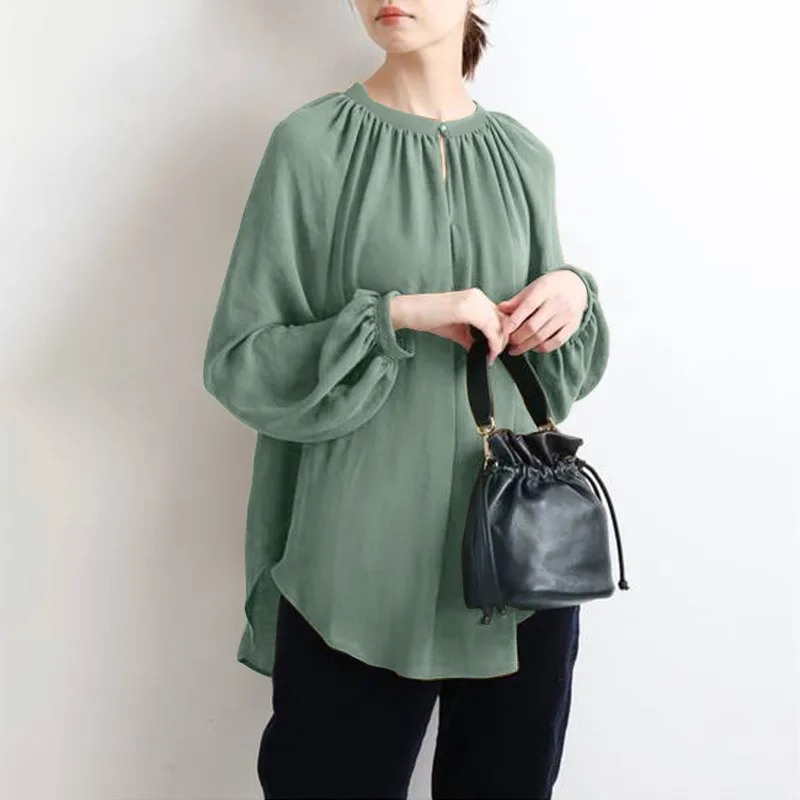 Religious Ethnic Crew Neck Shirts Maxi Modest Blouses Women Simple Green Long Sleeve Tunic Tops Ladies Muslim Shirts