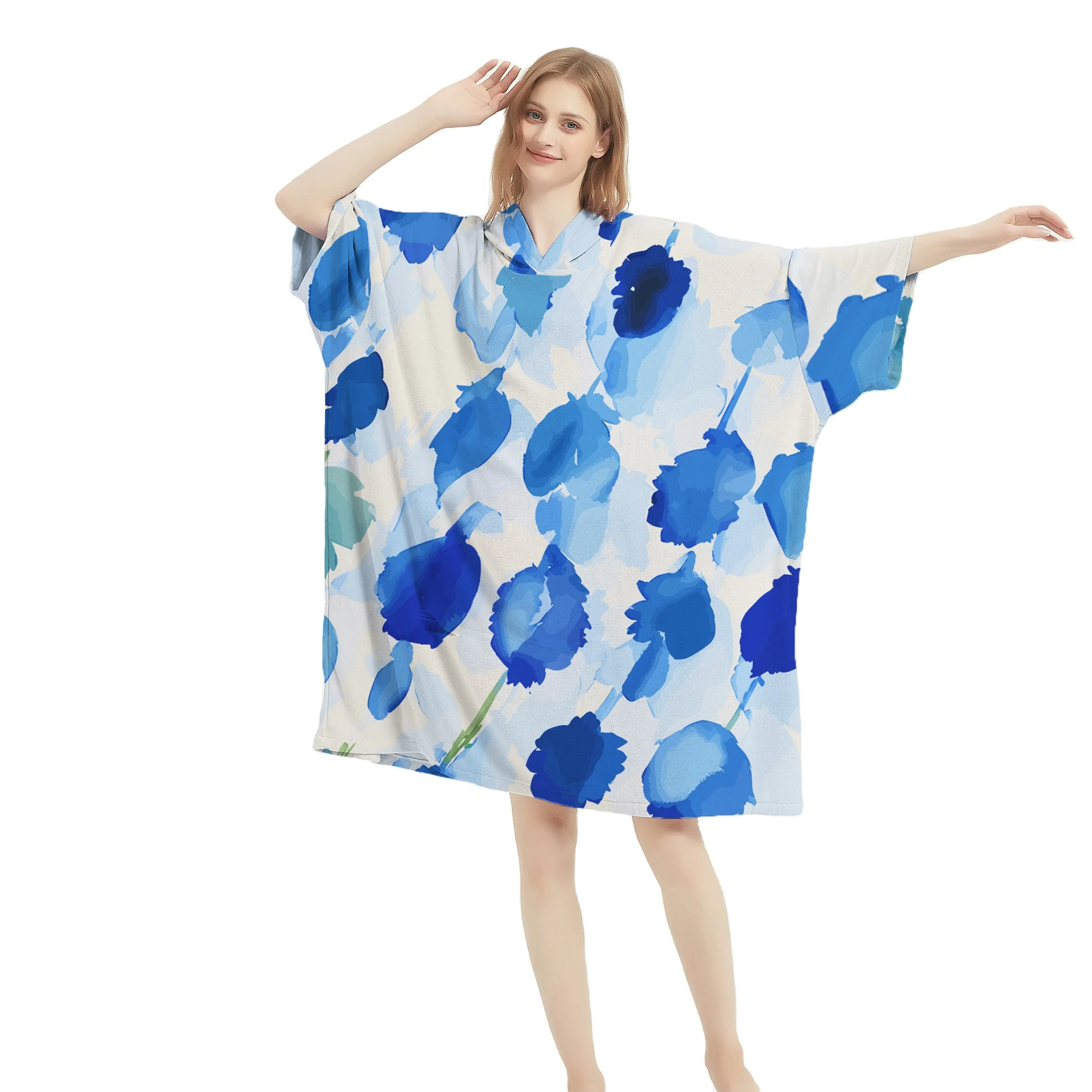 Factory Suppliers Adult Quick Dry Waterproof Blue Tie Dye Beach Surf Hooded Poncho Towel 2023