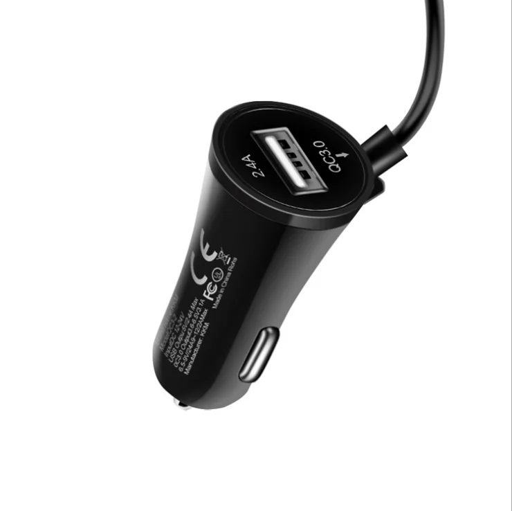 
qc3.0 fast charge car charger with cord 2.4Atype-c car charger car mobile phone power adapter dual usb 