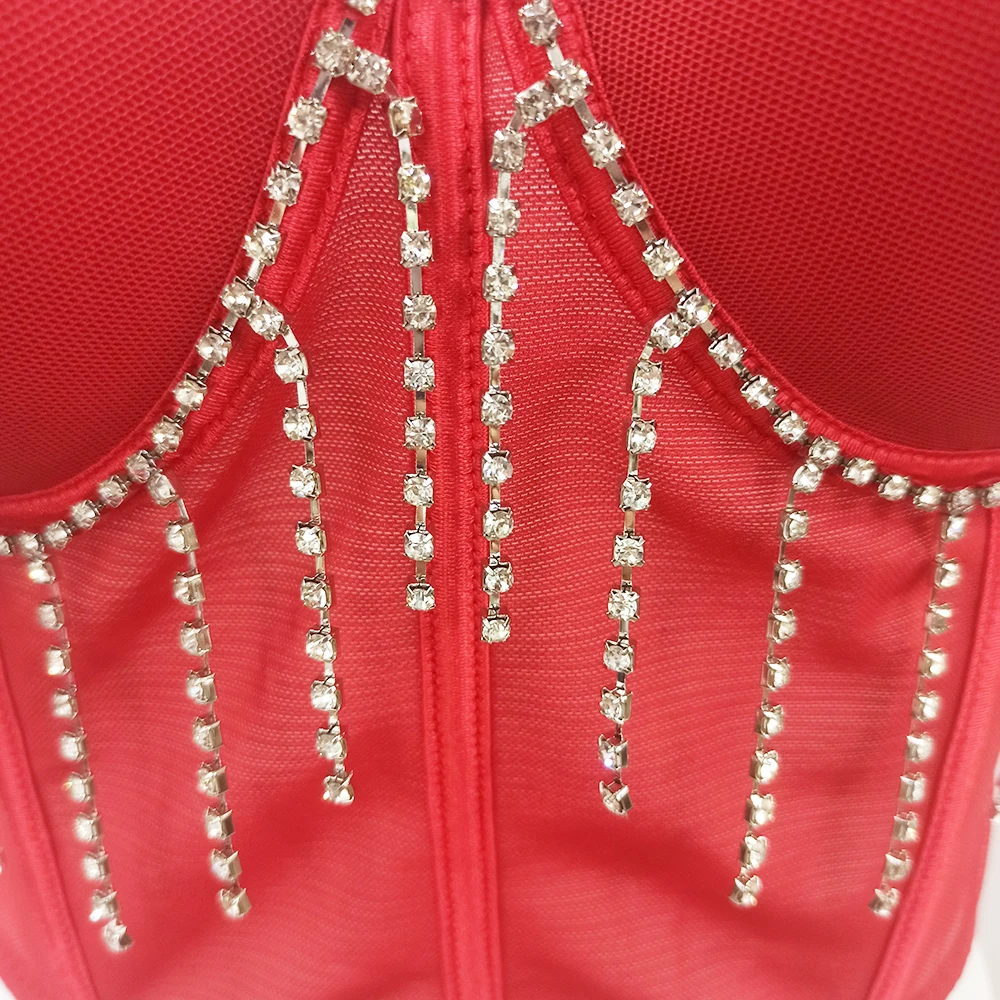 Custom Ladies rhinestone red mesh corset top lingerie women high quality push up bra bustier top
