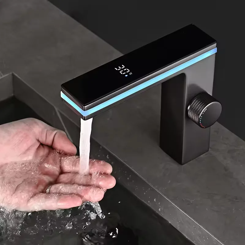 Modern Single-Hole Brass Basin Faucet with LED Atmosphere Lamp Digital Display Hydroelectric Power Ceramic Valve Core