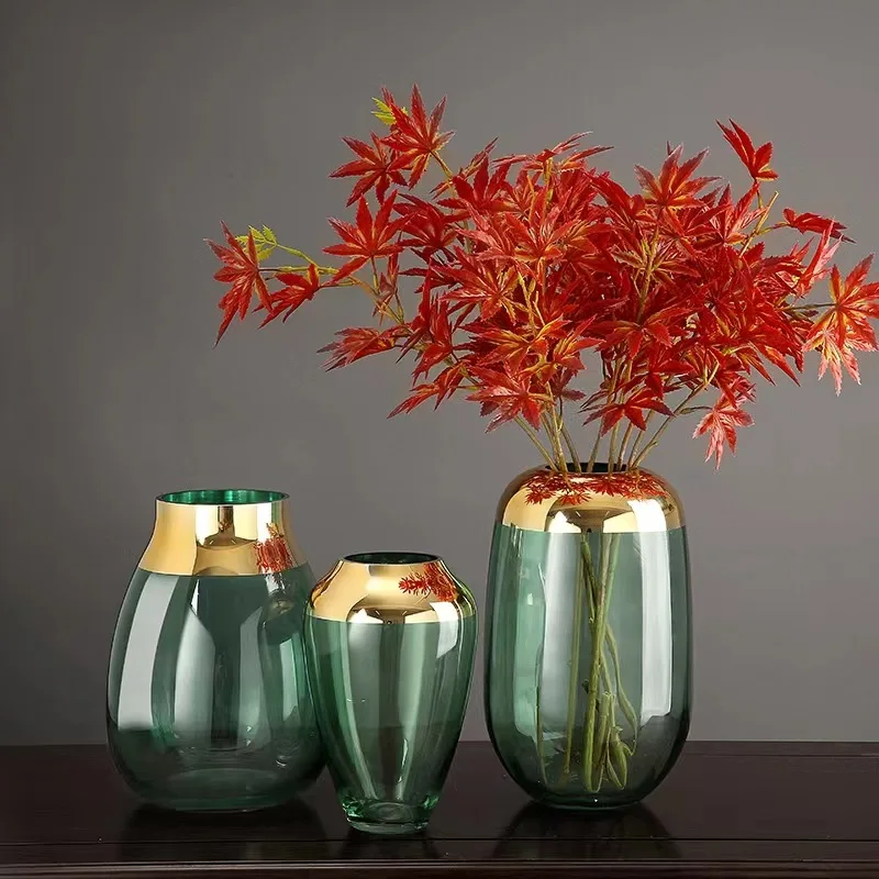 green glass vase with gold edge transparent electroplated rich bamboo luxury hydroponic glass vase home desktop decoration