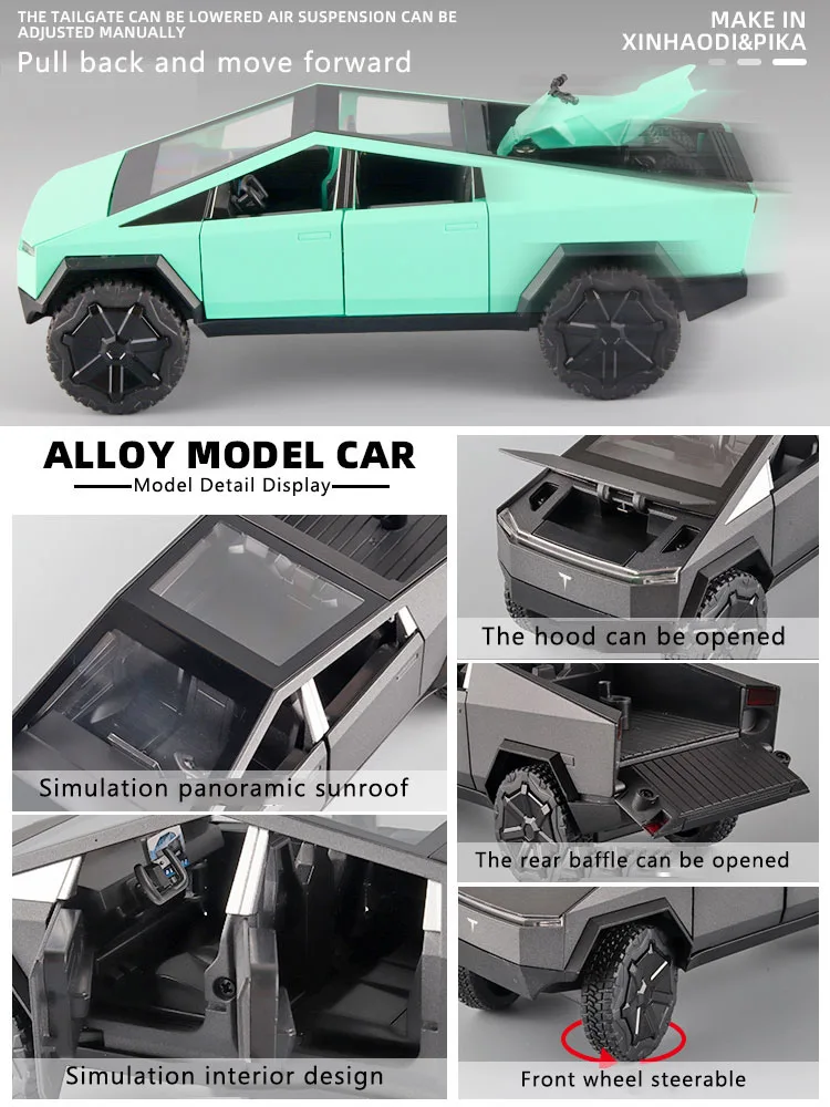 1:24 Cyberpunk Pickup Truck Model Alloy Simulation Sound And Light Pull Back Vehicle 1/24 Diecast Model Cars Toys